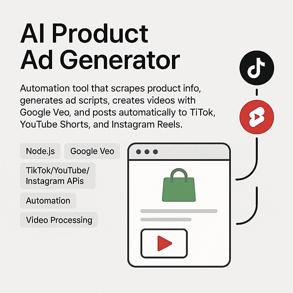 A diagram of the AI Product Ad Generator posting to social platforms