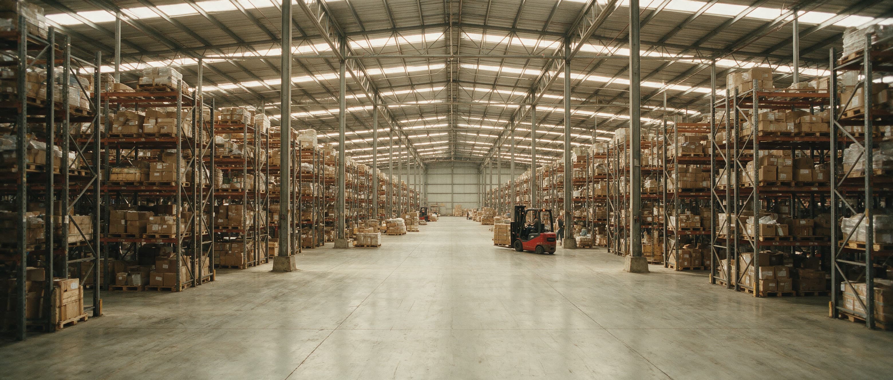 A high-bay distribution warehouse, racking receding into the distance