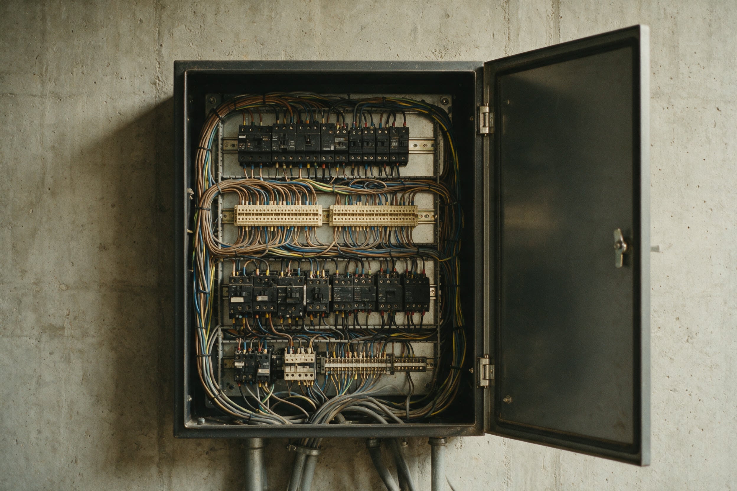 An open electrical control cabinet with labelled terminal blocks and loomed wiring