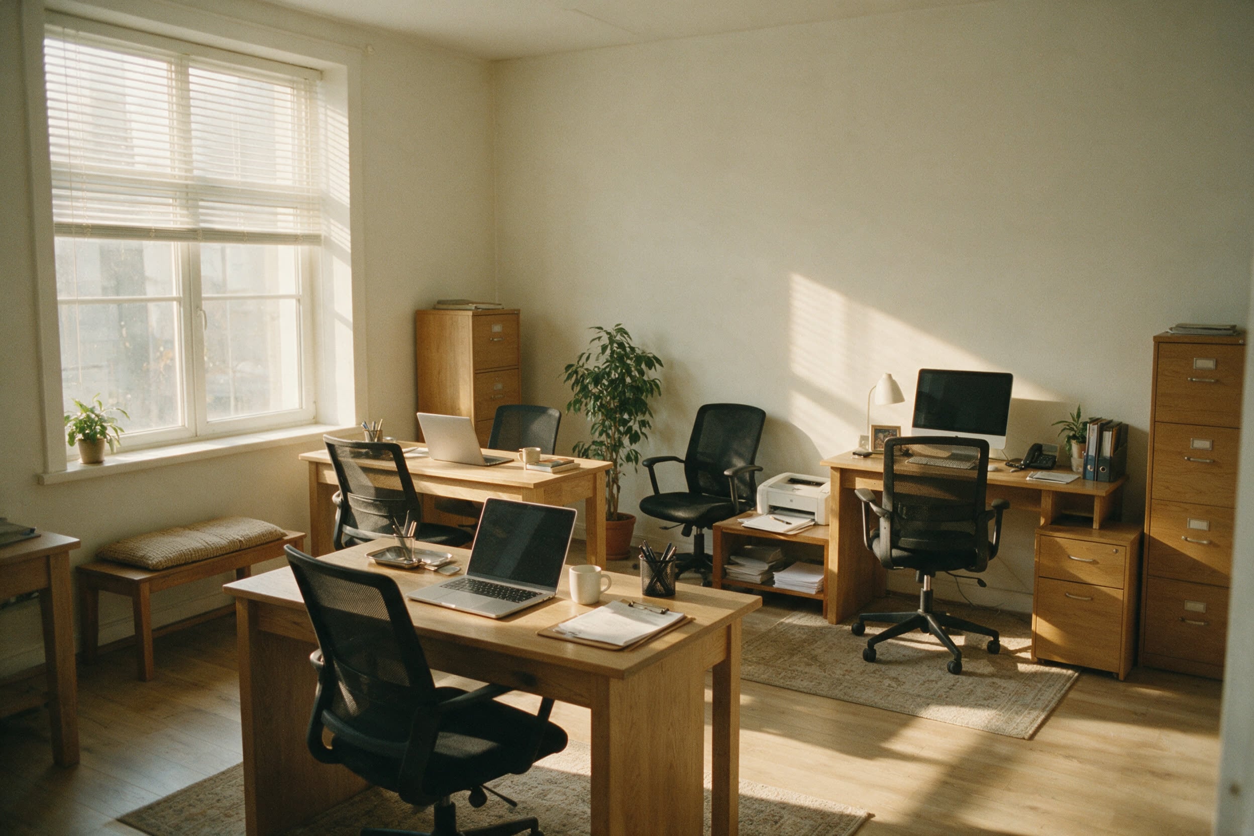 A small working office with desks, filing cabinets and paperwork in trays