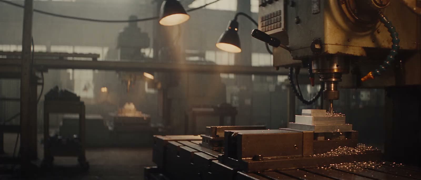 A working manufacturing plant floor, machines under warm work lamps