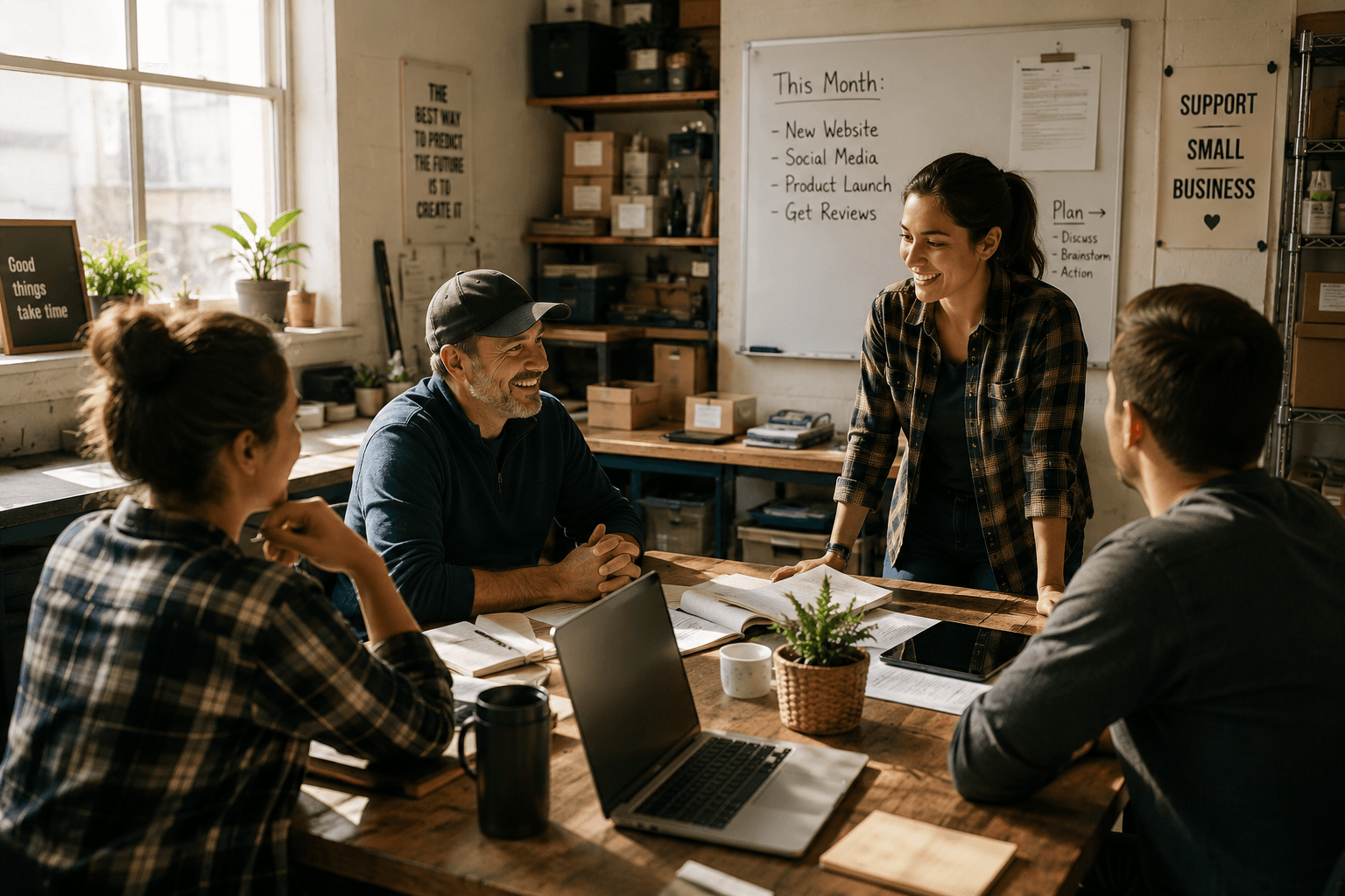 A small team around a workshop table, the month's plan written up on a whiteboard behind them