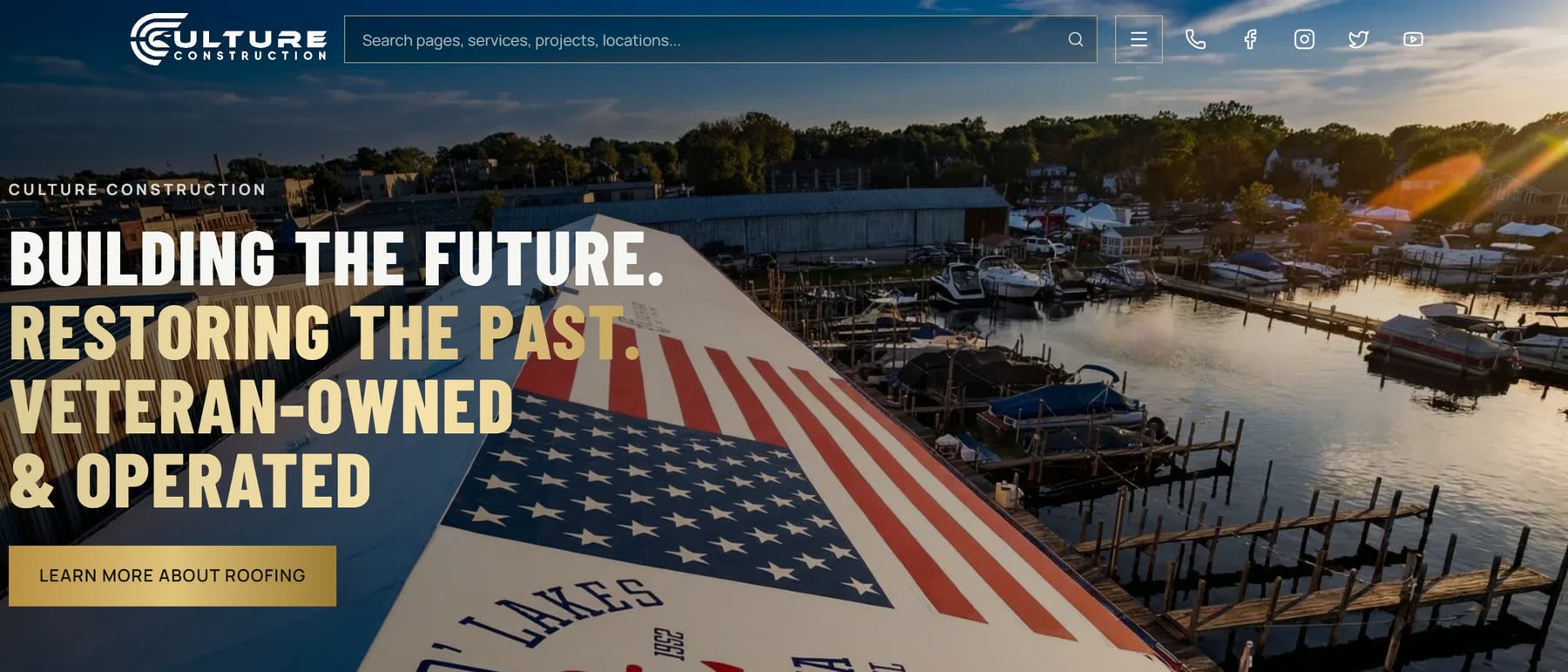 The Culture Construction home page: an aerial shot of a flag-painted marina roof under the headline “Building the future. Restoring the past.”