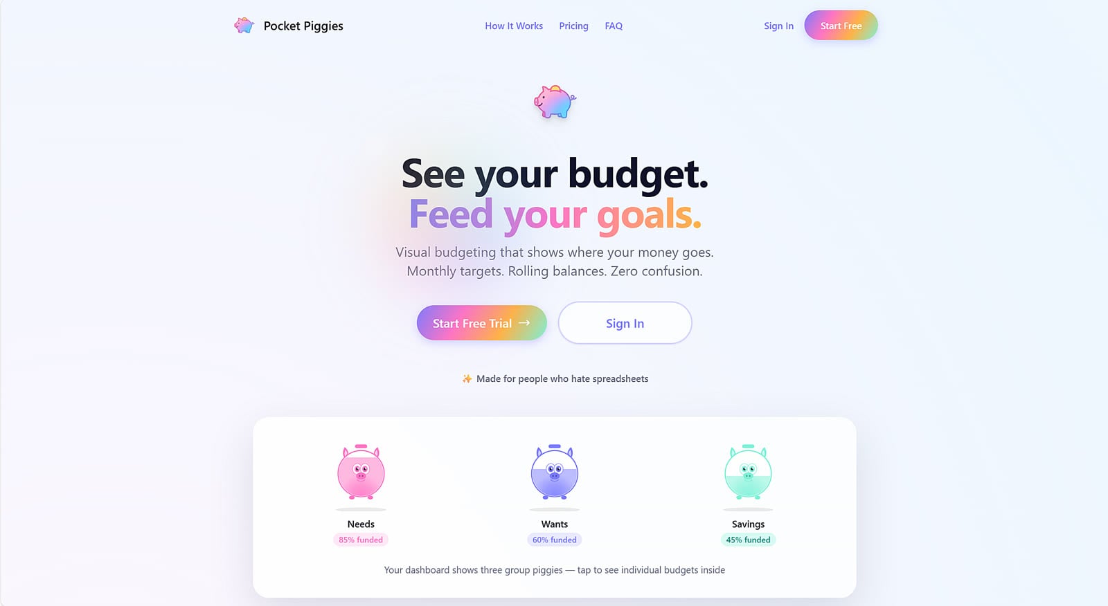 The Pocket Piggies home page showing budget groups for needs, wants and savings